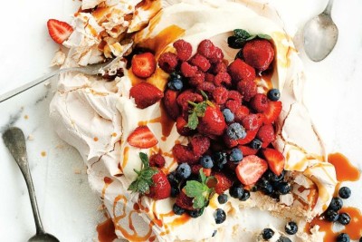 Giant Pavlova with mixed berries and Salted Caramel